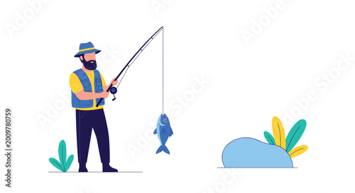 Bearded fisherman wearing a blue vest and hat successfully catching a blue fish with his rod near some aquatic plants.