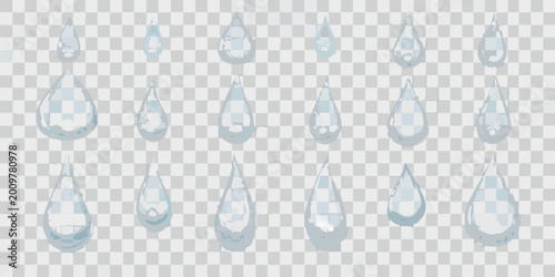 Tableau sur toile Collection of translucent water droplets in various shapes on a transparent back