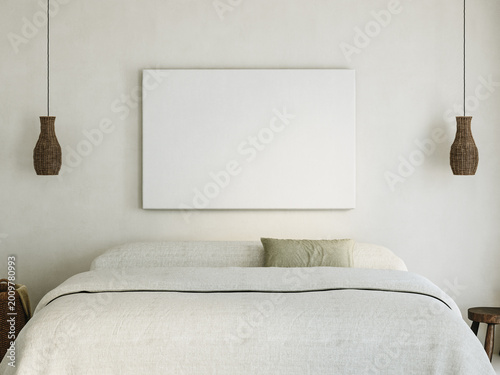 Canvas Frame Mockup Above Bed in Japandi Bedroom Interior, Minimal Neutral Design, 3D Render