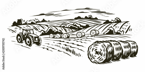 Fotografie Farm landscape with tractor and hay bales monochrome line art illustration on wh