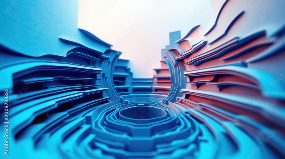 Fototapeta premium Abstract tunnel structure. Blue, red hues dominate. Concentric rings draw eye toward center. Modern digital rendering.