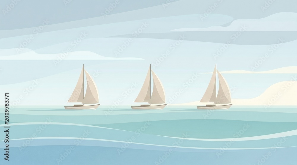 Naklejka premium Minimal Sailboats on Calm Sea Background in Soft Coastal Tones