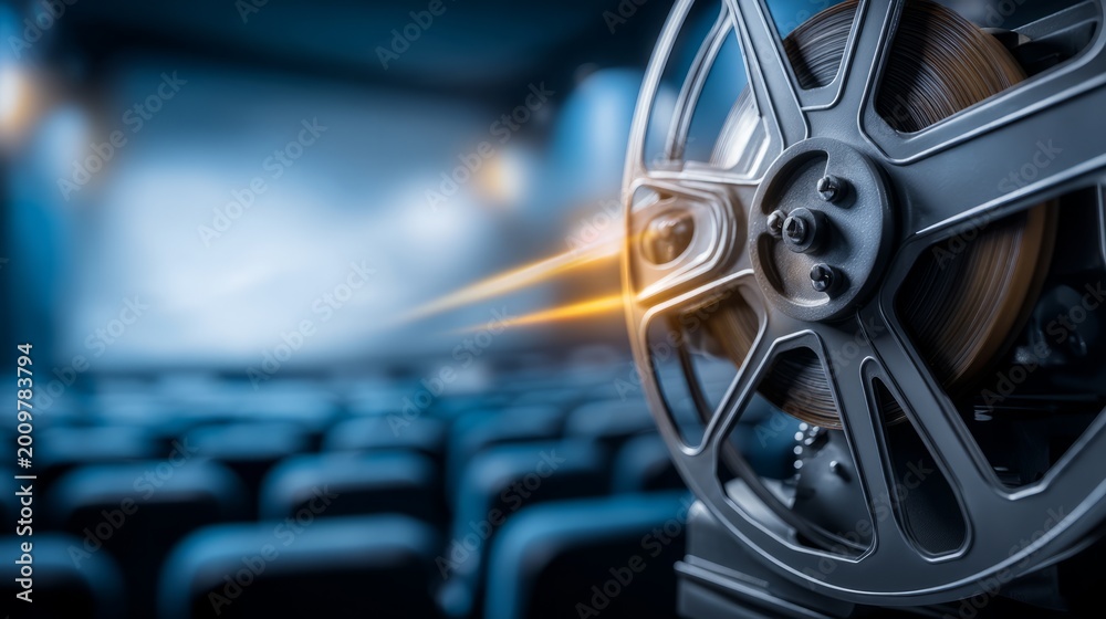 Fototapeta premium Internal Mechanism of Film Projector Showing Reel in Dark Theater