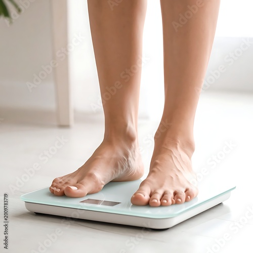 Woman stepping on bathroom scales barefoot.