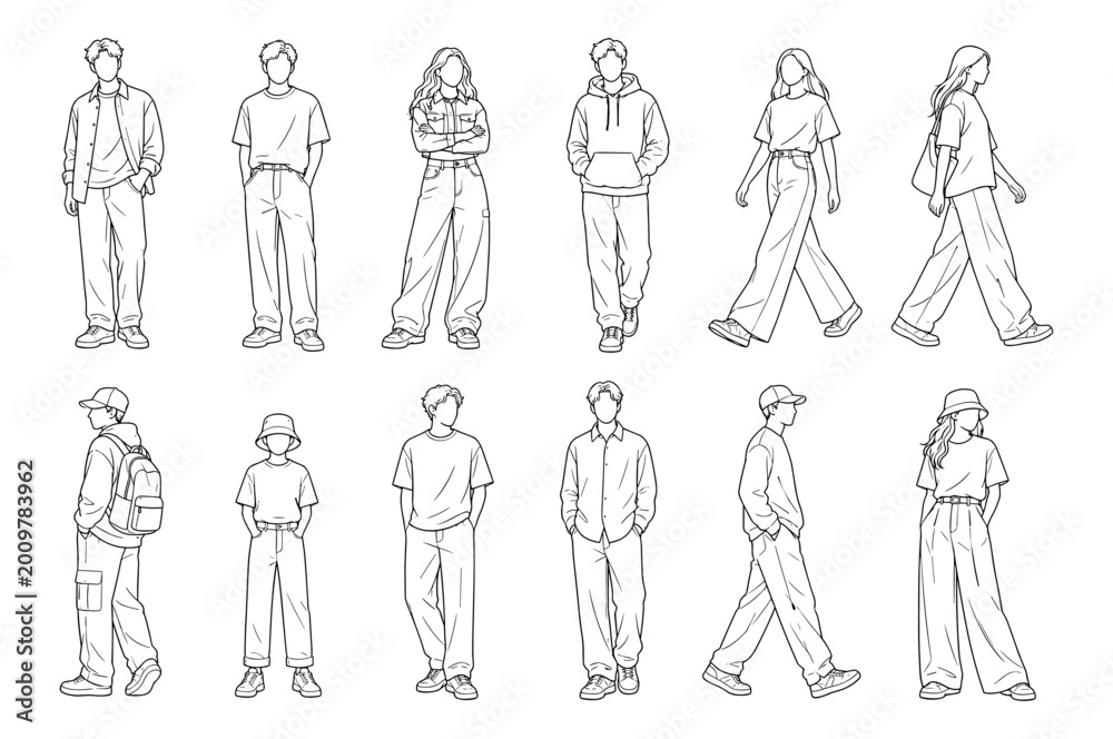 Obraz premium People character set with man and woman walking in thin line