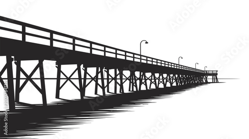 Photos Black and white vector silhouette of a long wooden fishing pier with street lamps stretching into the calm ocean water