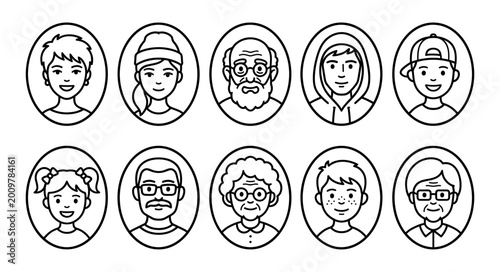 Oval avatar set with man woman child and senior in line art