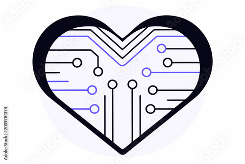 Heart shaped circuit board or chip icon representing digital love concept. Techno-religion symbol for website, app, or social media illustration