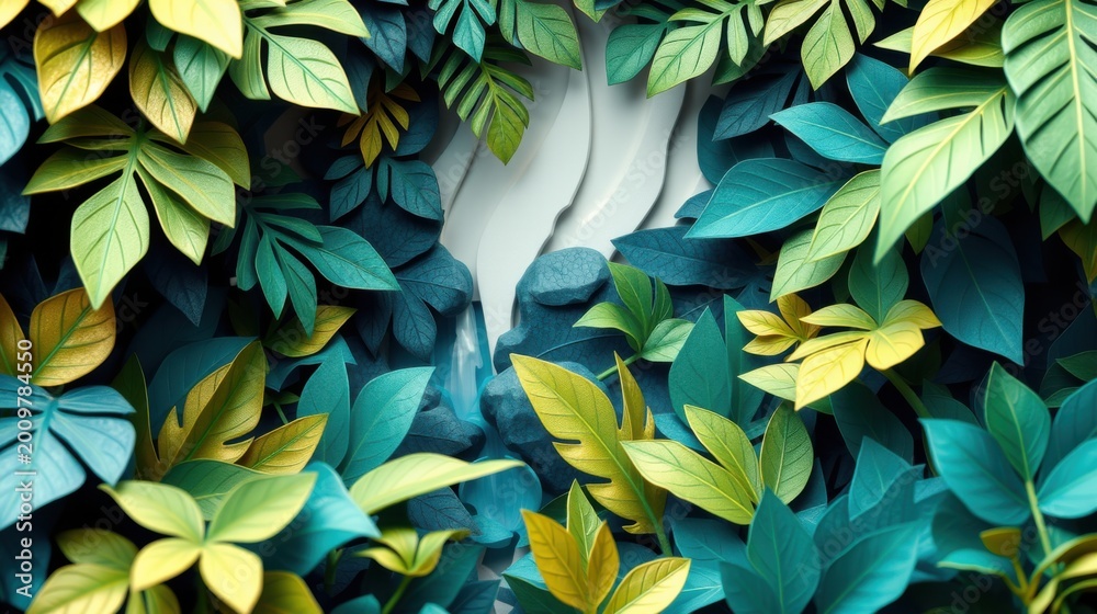Fototapeta premium Paper leaves create tunnel illusion. Vibrant greens, yellows dominate composition. Light source emphasizes depth, texture. Artistic, natural scene.