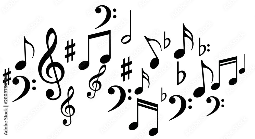 Fototapeta premium Musical Notes and Symbols Scattered Abstractly on White Background
