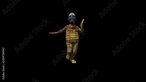 3D Goofy Character in a Weird Yellow Costume and Gas Mask, Running Loop, Front View, black background