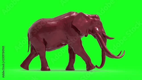 3D Metallic Red Low Poly Elephant Walking, Loop Animation Background, Geometric Polygon Animal,, Green Screen Chromakey