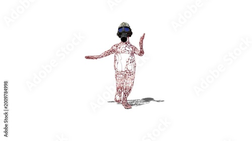 3D Weird Goofy Character in Gas Mask, Hollow Strings Texture Body, Running Loop, Front View Animation, against white background