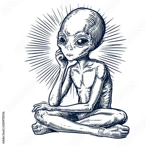 Alien thinking while sitting in a meditative pose for UFO Day  