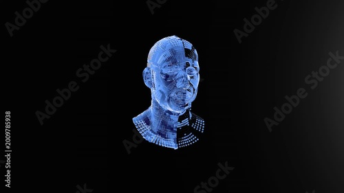Animated block particles forming human head, illustrating Artificial Intelligence