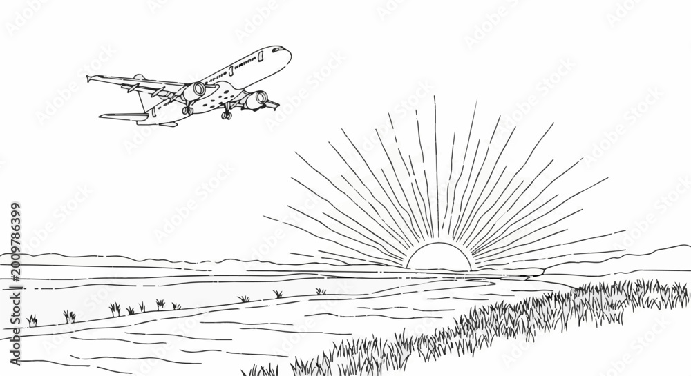 Naklejka premium Line art of an airplane ascending over a sunburst sunrise above hills