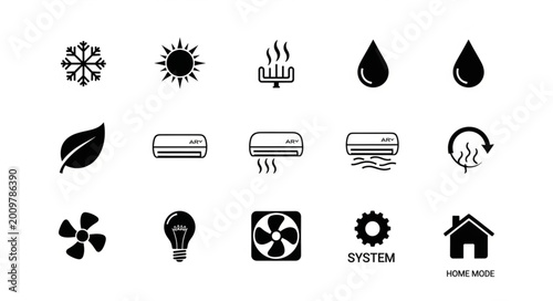 Collection of HVAC icons representing heating cooling and ventilation systems.