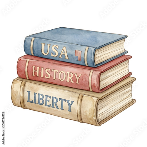 Three books are arranged on top of each other. The top book has the title USA, the middle book is titled History, and the bottom book reads Liberty. transparent background, png