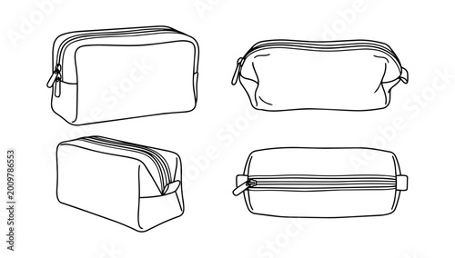 Portable Cosmetic Toiletry Bag Pouch Collection Displaying Multiple Viewing Angles In Minimalist Line Art