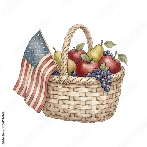A basket holds red apples, green pears, and dark grapes. An American flag stands next to the fruit. This scene suggests a summer gathering or celebration, transparent background, png