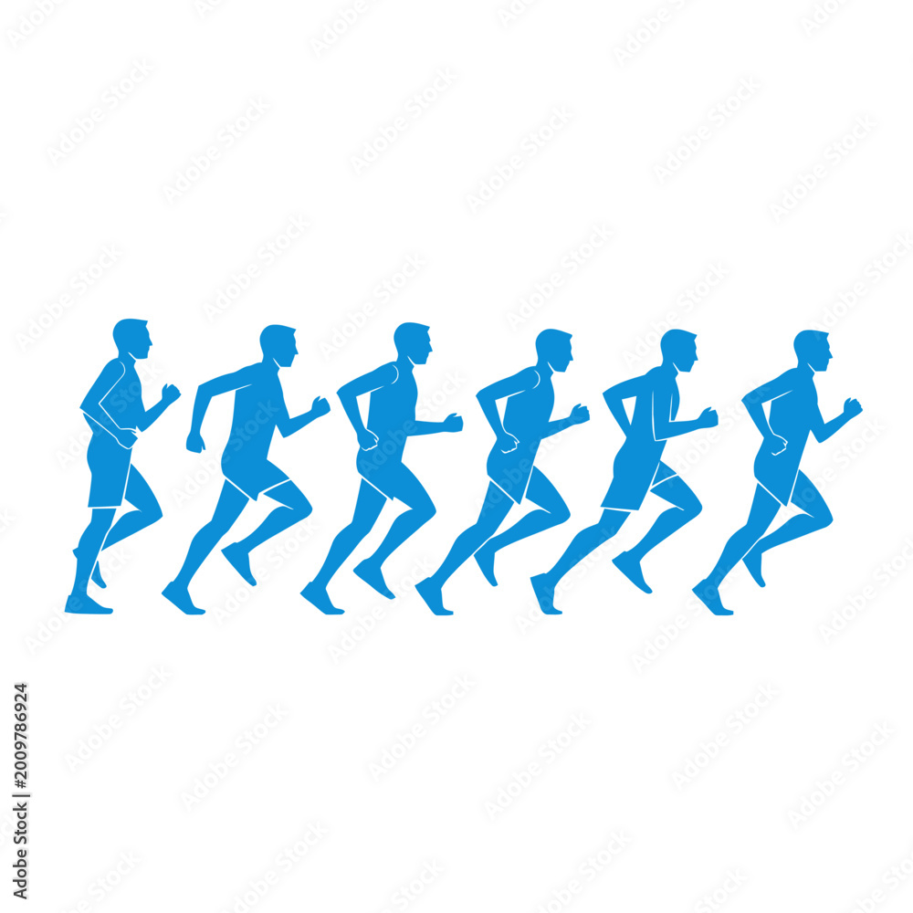 Fototapeta premium Blue Silhouettes of Runners in Motion Sequence on White Background