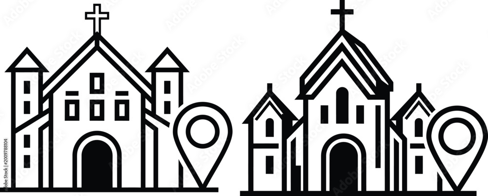 Fototapeta premium Church location icon set, vector illustration of religious building with map pin