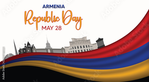 Schilderij op canvas Armenia Republic Day poster with flag ribbon and cityscape skyline illustration