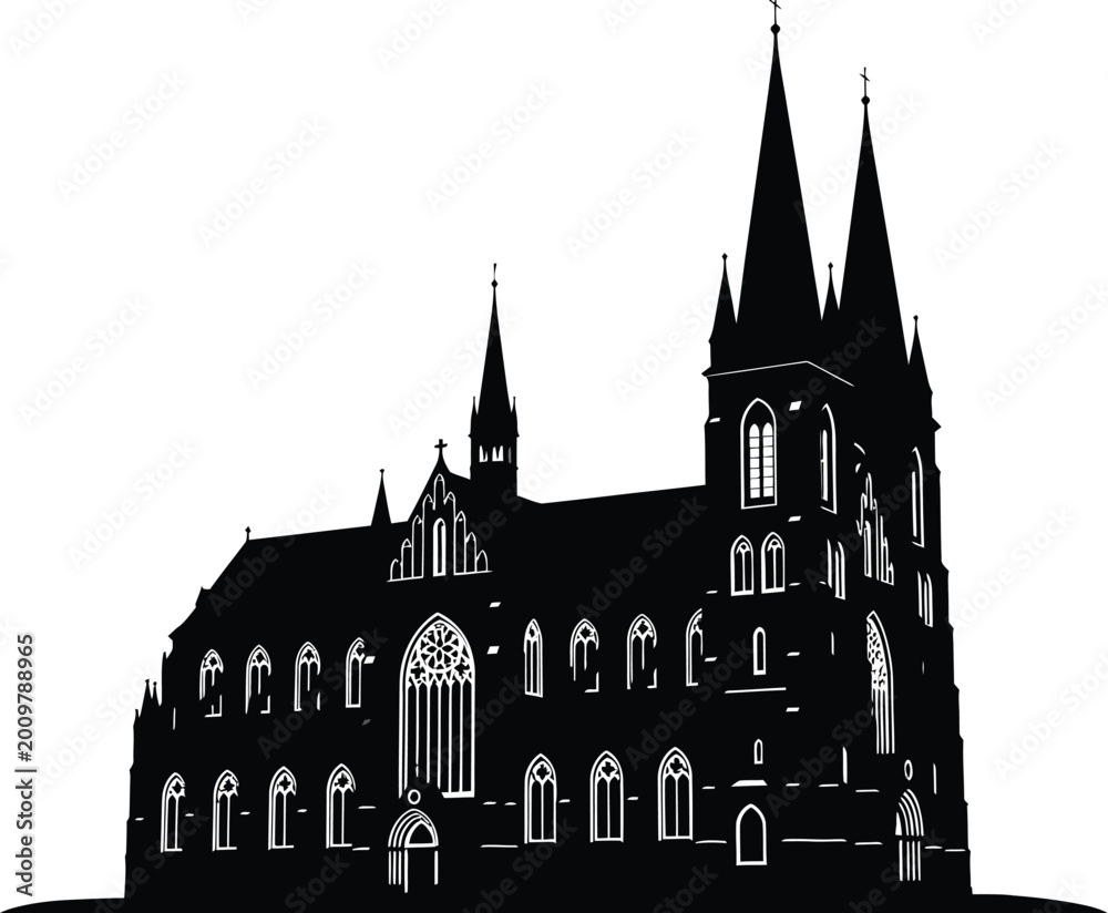 Obraz premium Dramatic silhouette of a gothic cathedral against a white background