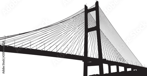 Dramatic silhouette of a cable stayed bridge against a white background