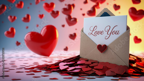 Paper envelope containing a white card with love you written in elegant script surrounded by numerous red floating heart shapes for a romantic celebration