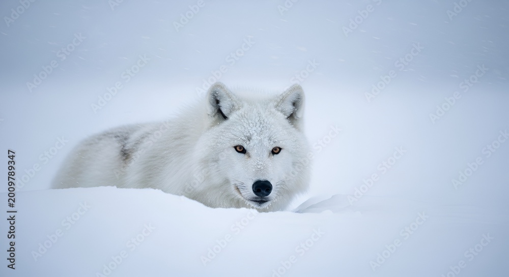 Fototapeta premium A magnificent Arctic wolf rests peacefully in a snowy landscape, its thick fur providing warmth and camouflage against the winter scene, showcasing the animal's resilience in the frozen north