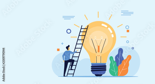 Ambitious man climbing a ladder leaning against a giant glowing light bulb which symbolizes seeking a brilliant idea or innovative solutions.