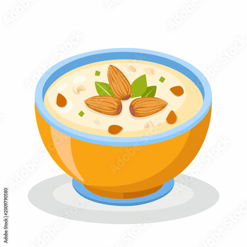 Stylized vector of kheer rice pudding with nuts and cardamom aroma