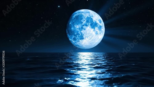 A serene nighttime scene with a large blue moon shining brightly over calm ocean waters