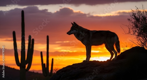 A coyote stands watchfully atop a rocky outcrop as the vibrant colors of dusk paint the desert sky, casting enchanting silhouettes of saguaros and shrubs during a serene moment in nature's