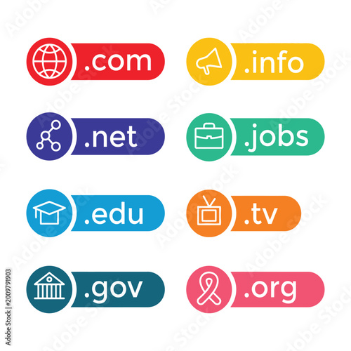 Foto Colorful internet domain extension icons on white background for web design  var