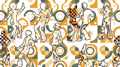 Quadro em tela Retro 1970s Disco Pattern: Seamless Vector Illustration with Groovy Dancing Silh