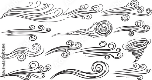 Foto Hand drawn black ink wind gust swirls, breeze curves, and tornado spiral doodle icons set, isolated on a white background