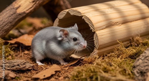 A delightful grey hamster peeks out from its cozy wooden log hideaway, surrounded by natural materials like moss and twigs, creating a warm and inviting environment for the little creature