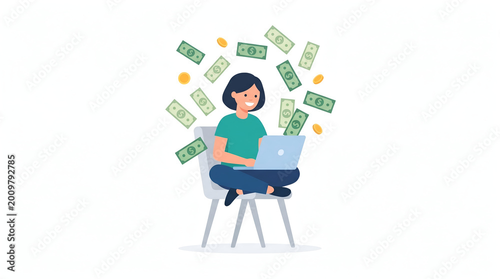 Fototapeta premium Happy Young Woman Earning Online Income with Laptop, Surrounded by Falling Money – Digital Finance Success and Remote Work Illustration