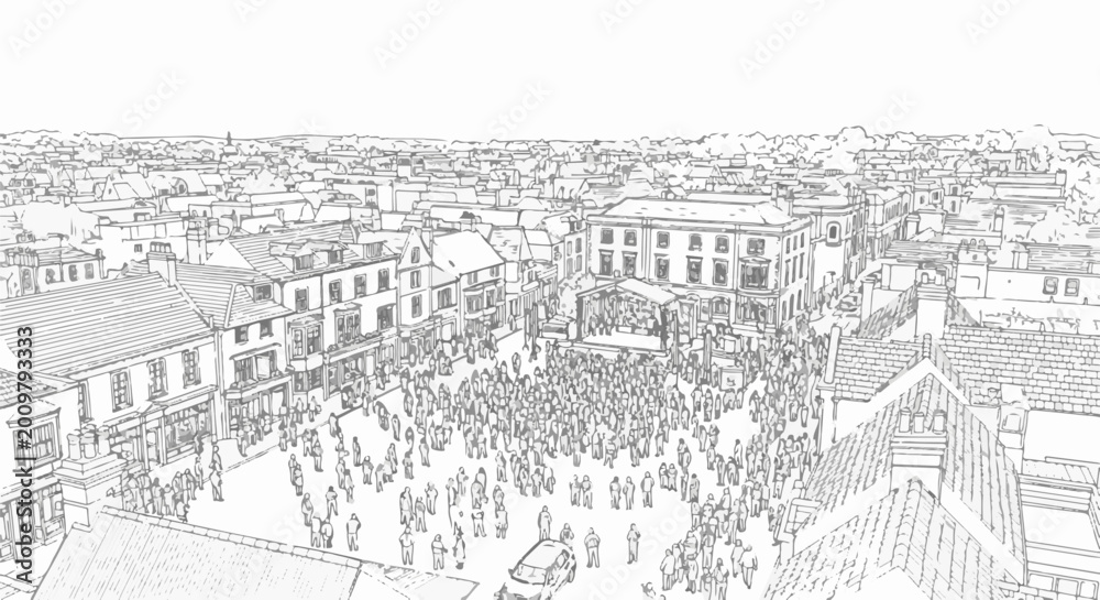 Fototapeta premium Lively town square scene with a crowd gathered for a performance on a stage