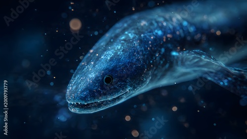 A vibrant blue underwater world map floats through space as tropical marine life including piranhas and eels swim past a glowing coral reef teeming with aquatic wildlife in this nature scene