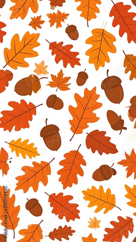 Autumn leaves and acorns pattern background.