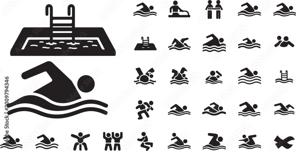 Fototapeta premium Swimming pool and swimmer pictogram icon vector set