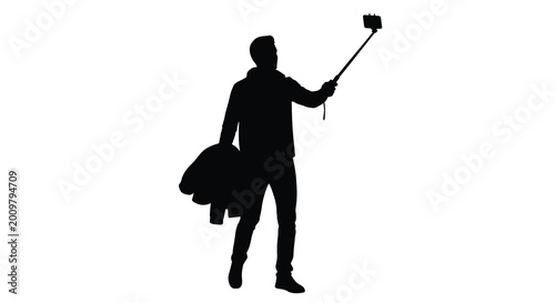Schilderij op canvas Man taking a selfie with a smartphone on a stick silhouette