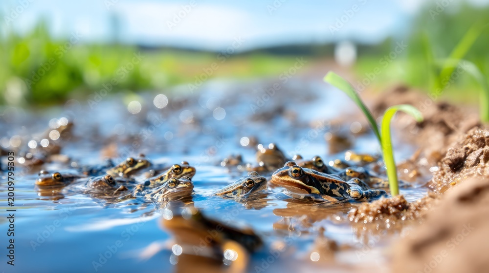 Fototapeta premium Cluster of Frogs Lining Wet Riverbank with Visible Eggs in Nature