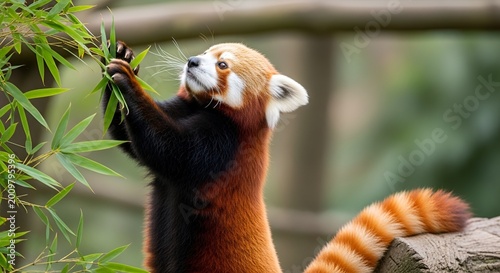 A captivating red panda actively reaches for verdant leaves with its paws near a mossy log, showcasing its playful nature and vibrant coloration against the forest setting, providing