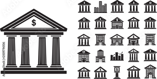 Bank building and financial institution silhouette vector