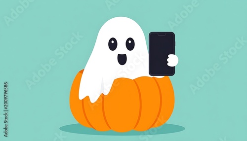 Ghost in pumpkin holding smartphone.