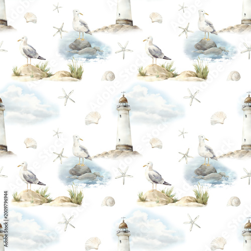 A seamless watercolor pattern with seagulls, a lighthouse, the sea, and clouds. A patterned background with marine scenes. Suitable for textile design and children's wallpaper.